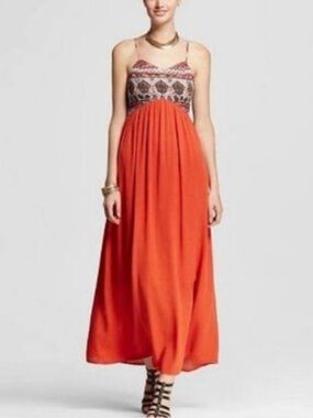 Boho Printed Bodice Orange Maxi Dress